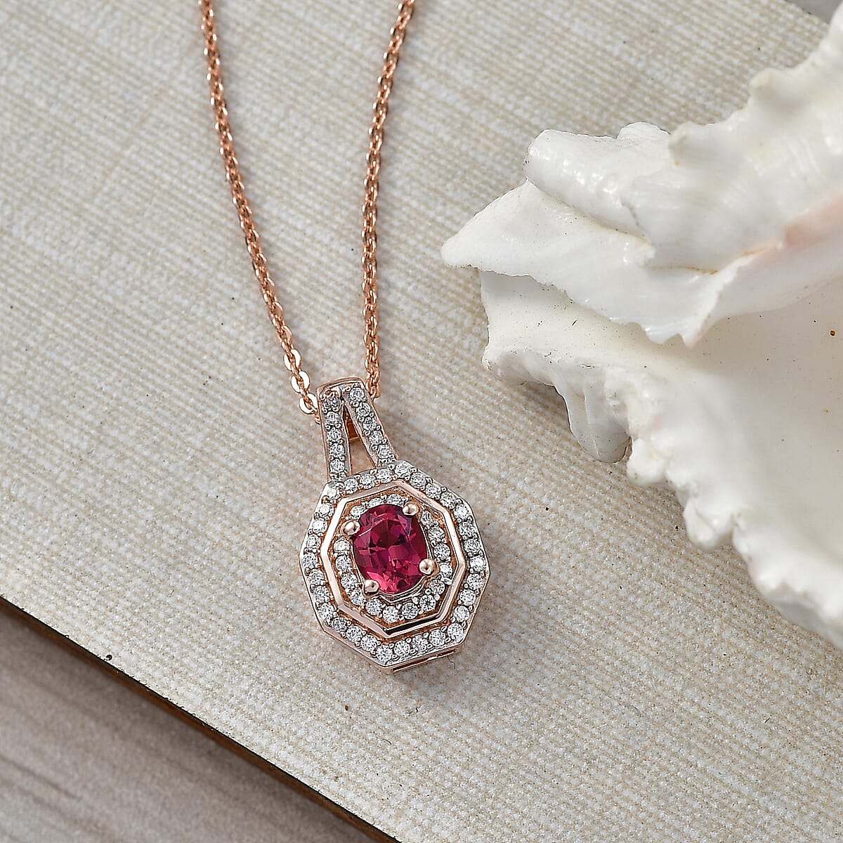 D'Joy Premium Ouro Fino Rubellite and Moissanite 0.65 ctw Passion Halo Pendant Necklace in 18K Vermeil Rose Gold Over Sterling Silver 20 Inches  image number 1