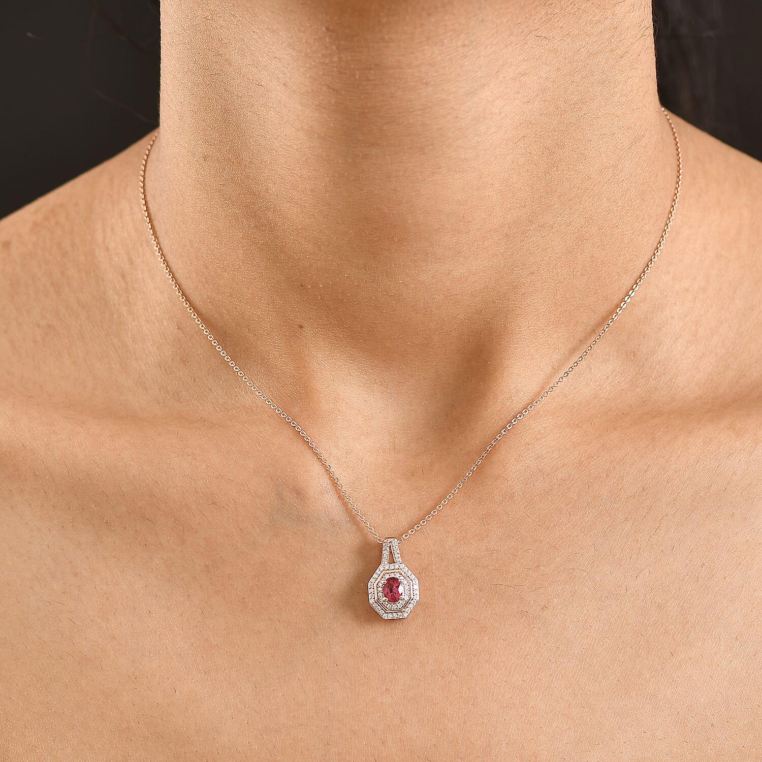 D'Joy Premium Ouro Fino Rubellite and Moissanite 0.65 ctw Passion Halo Pendant Necklace in 18K Vermeil Rose Gold Over Sterling Silver 20 Inches