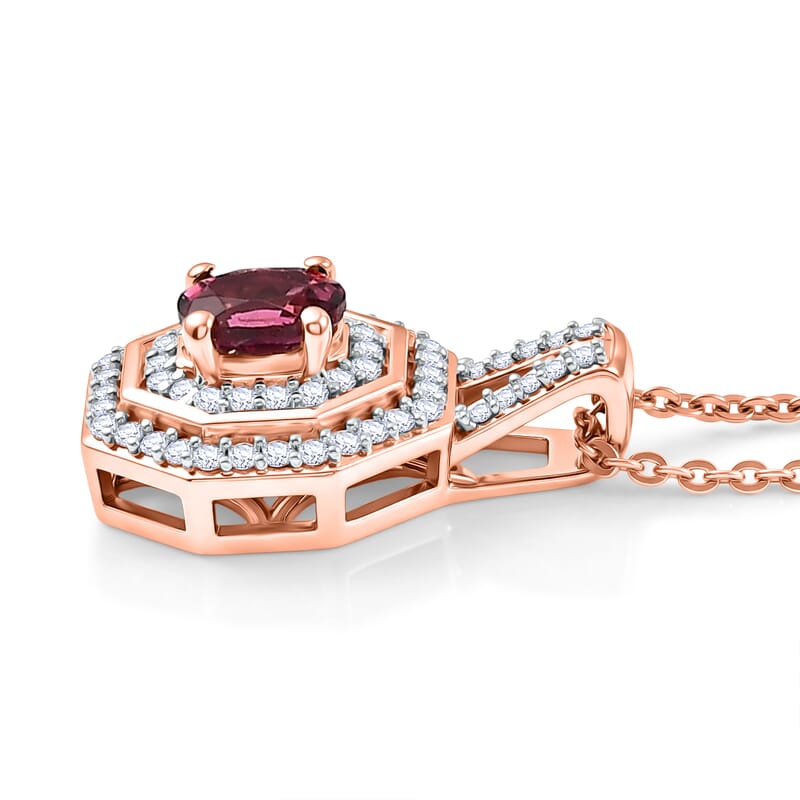 D'Joy Premium Ouro Fino Rubellite and Moissanite 0.65 ctw Passion Halo Pendant Necklace in 18K Vermeil Rose Gold Over Sterling Silver 20 Inches