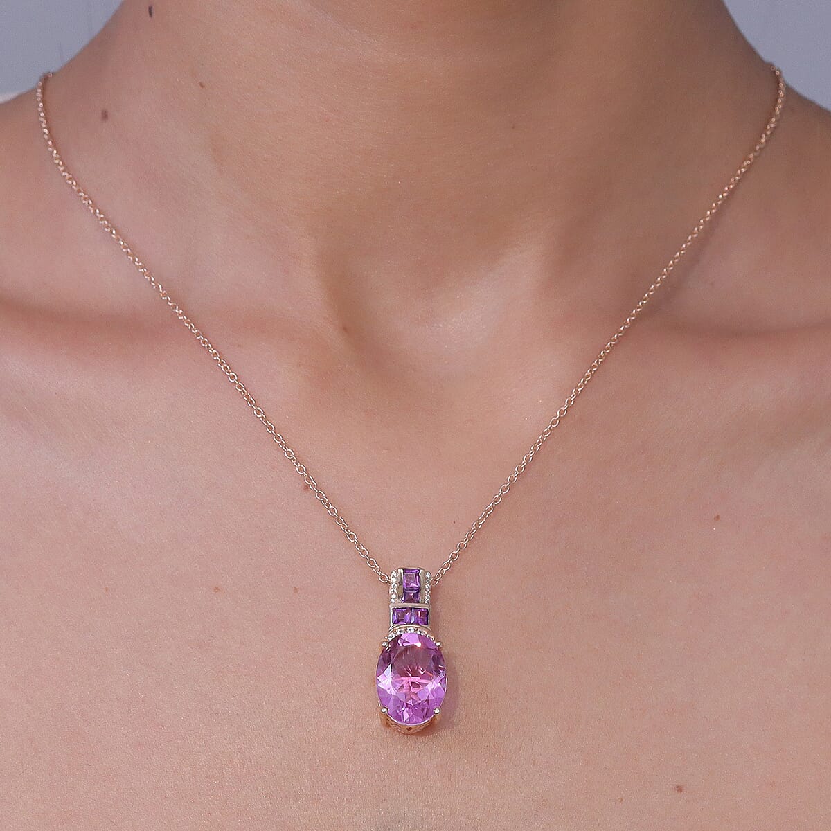 Evertrue African Lilac Quartz (Triplet) and Multi Gemstone 10.20 ctw Pendant in 18K Rose Gold Plated with Stainless Steel Necklace 20 Inches image number 2