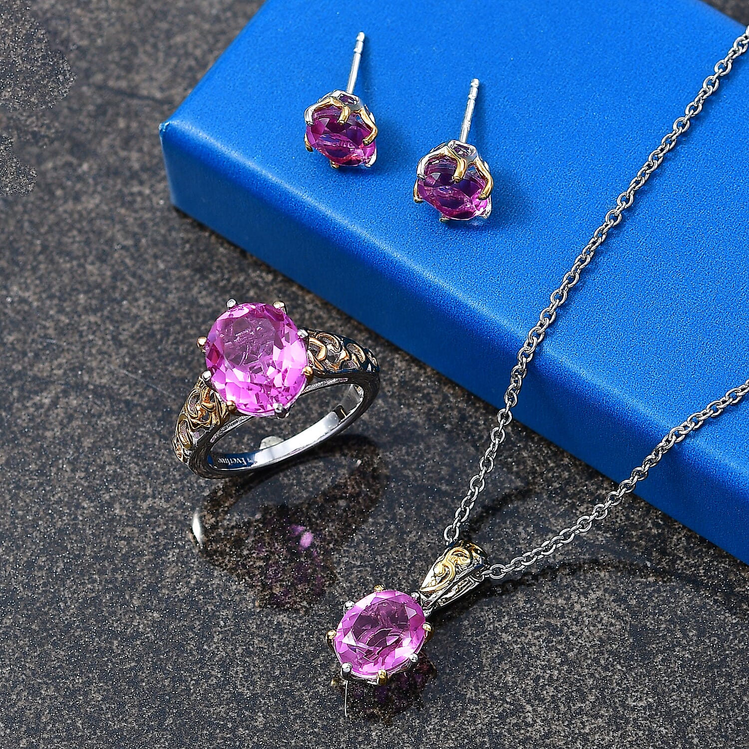 Evertrue African Lilac Quartz (Triplet) 11.10 ctw Solitaire Stud Earrings, Ring (Size 8.0) and Pendant in 18K YG Plated and Platinum Bond with Stainless Steel Necklace (20 Inches)