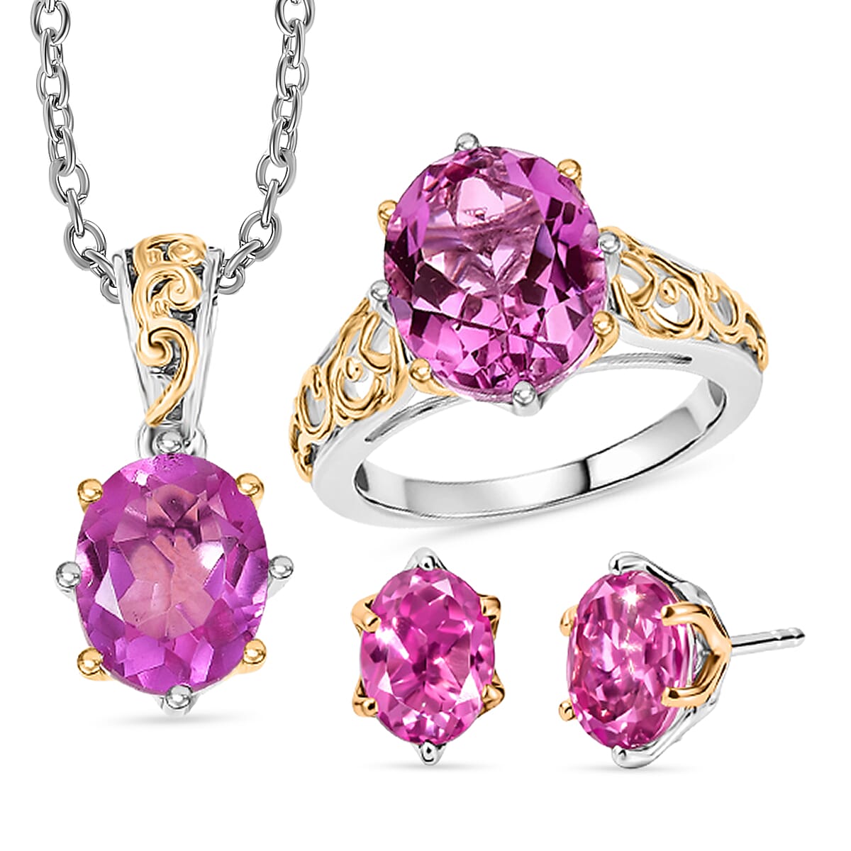 Evertrue African Lilac Quartz Earrings, Ring (Size 5.0) and Pendant in 18K YG Plated and Platinum Bond with Stainless Steel Necklace (20 Inches) 11.10 ctw