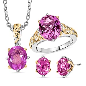 Evertrue African Lilac Quartz (Triplet) 11.10 ctw Earrings, Ring (Size 11.0) and Pendant in 18K YG Plated and Platinum Bond with Stainless Steel Necklace (20 Inches)
