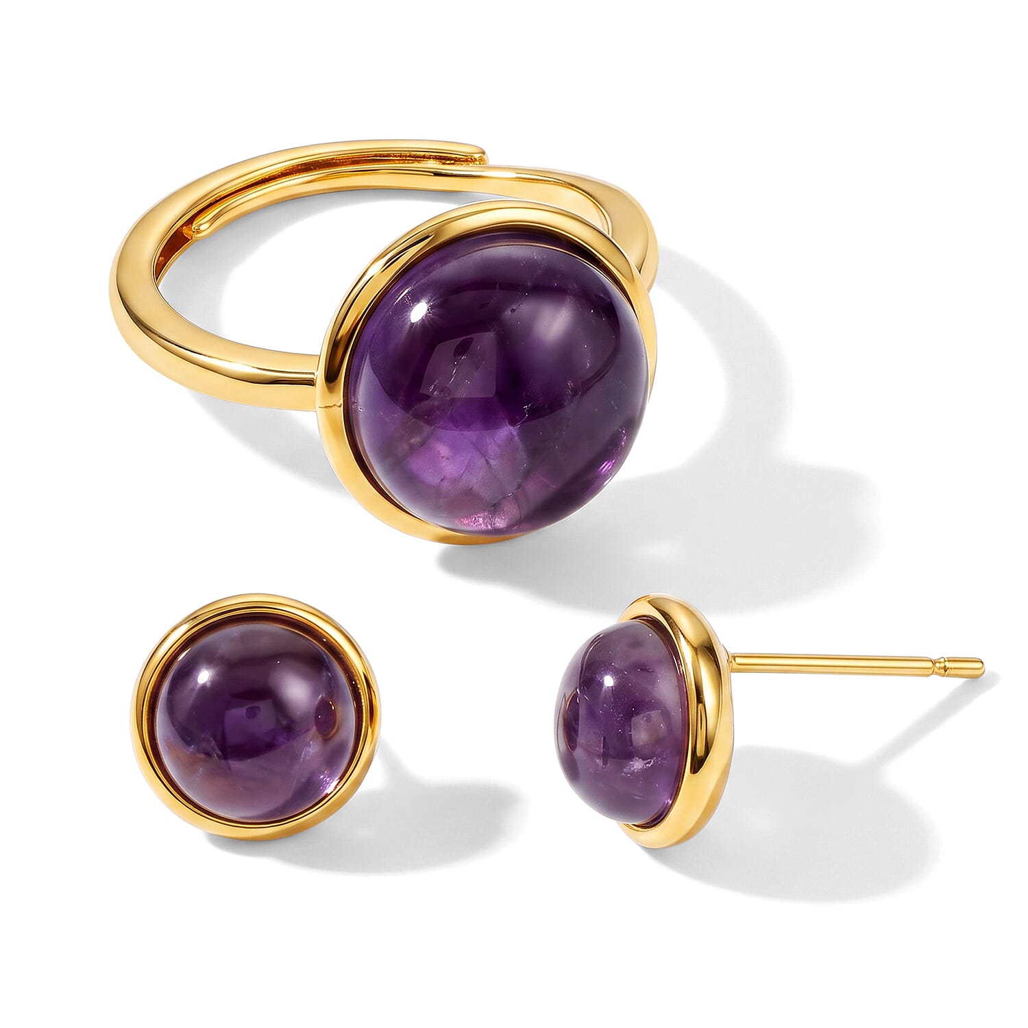 2 Piece Set - African Amethyst 11.00 ctw Earrings and Ring (Adjustable) in Goldtone