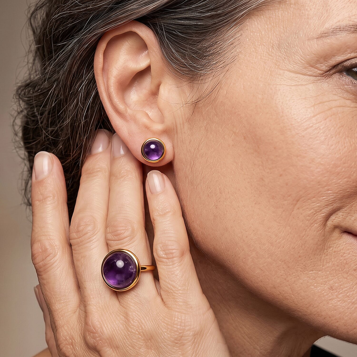 2 Piece Set - African Amethyst 11.00 ctw Earrings and Ring (Adjustable) in Goldtone