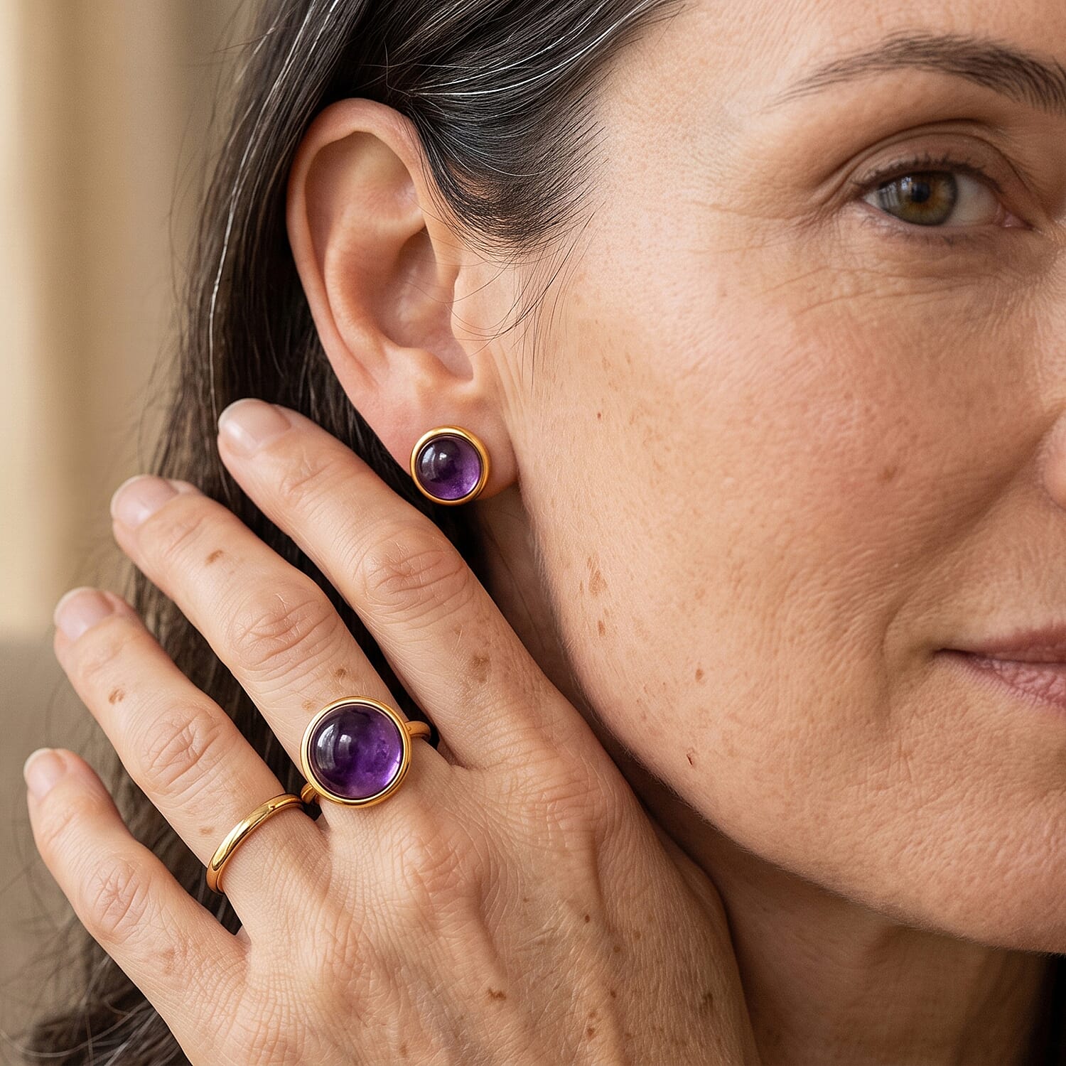 2 Piece Set - African Amethyst 11.00 ctw Earrings and Ring (Adjustable) in Goldtone