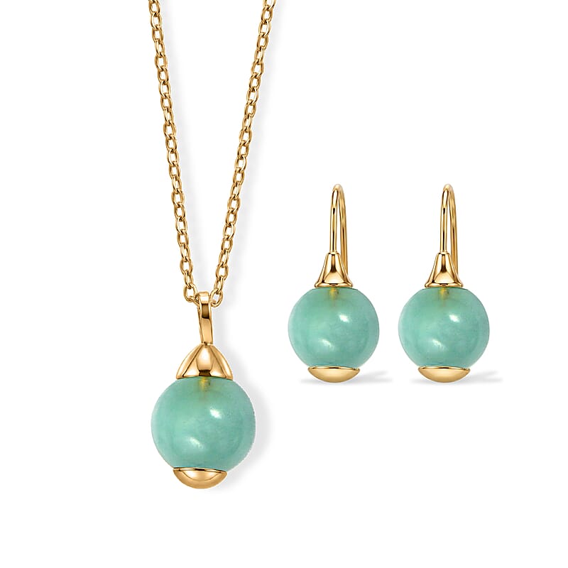 2 Piece Set - Mangoro Aquamarine 16.10 ctw Necklace 18-20 Inches and Earrings in ION Plated YG Stainless Steel