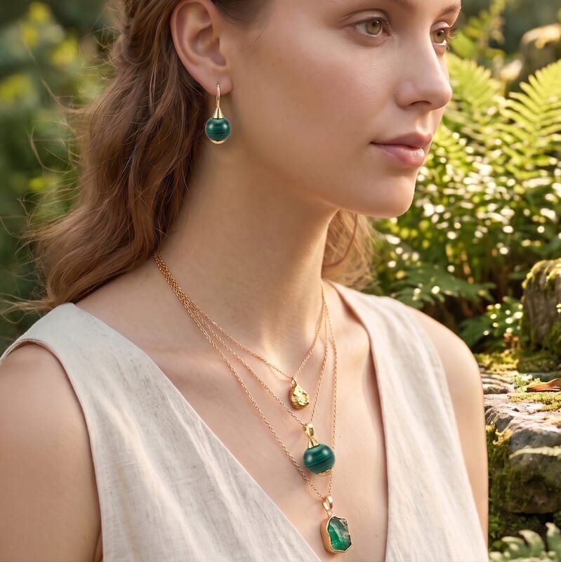 2 Piece Set - African Malachite 16.10 ctw Necklace 18-20 Inches and Earrings in ION Plated YG Stainless Steel