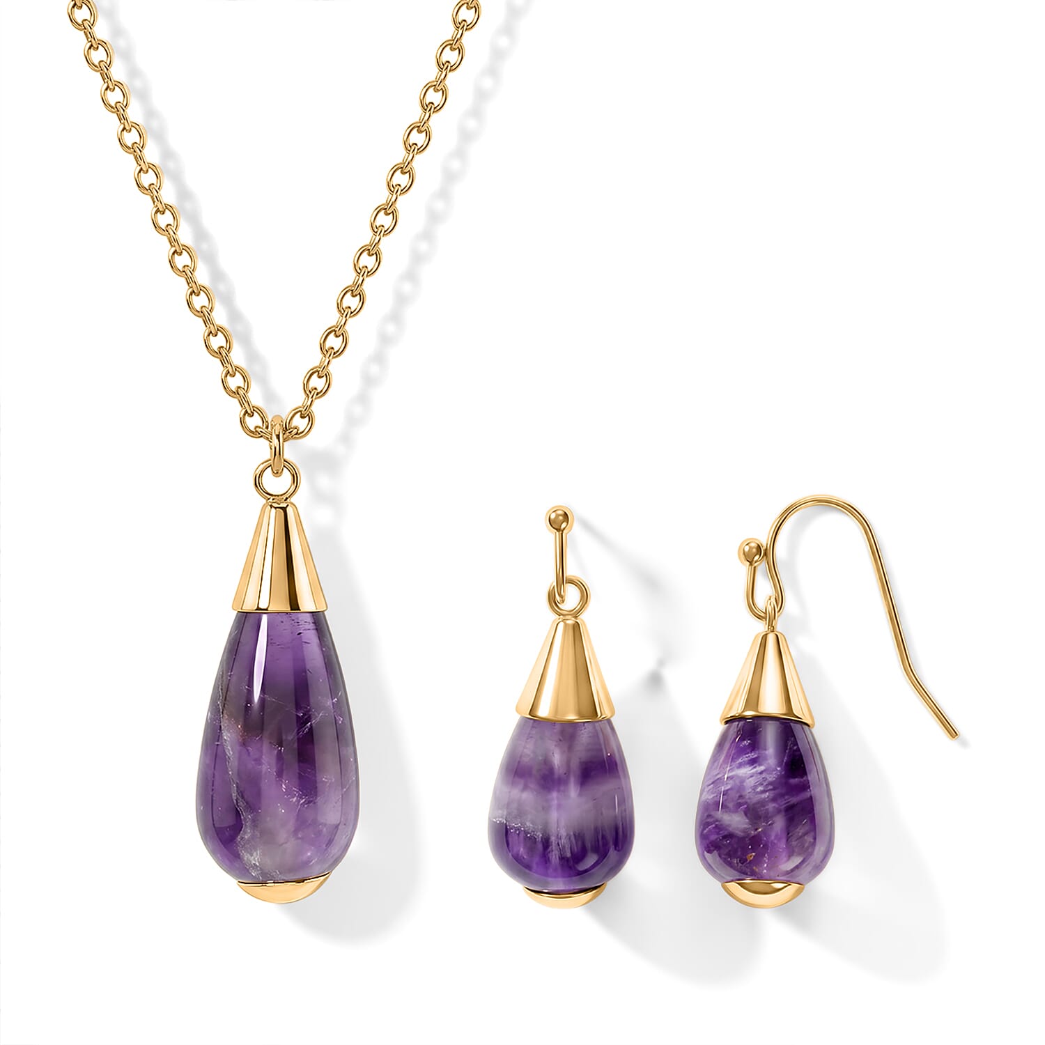 2 Piece Set - African Amethyst 21.40 ctw Necklace 18-20 Inches and Earrings in ION Plated YG Stainless Steel
