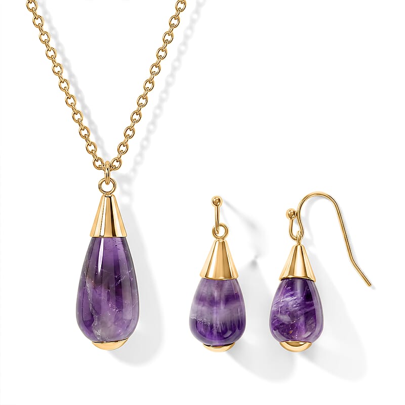 2 Piece Set - African Amethyst 21.40 ctw Necklace 18-20 Inches and Earrings in ION Plated YG Stainless Steel