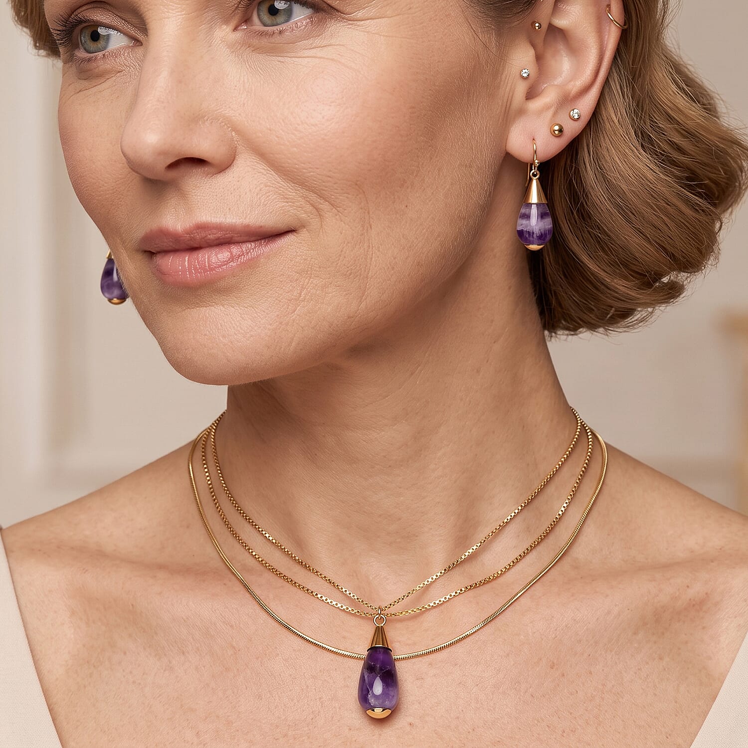 2 Piece Set - African Amethyst 21.40 ctw Necklace 18-20 Inches and Earrings in ION Plated YG Stainless Steel