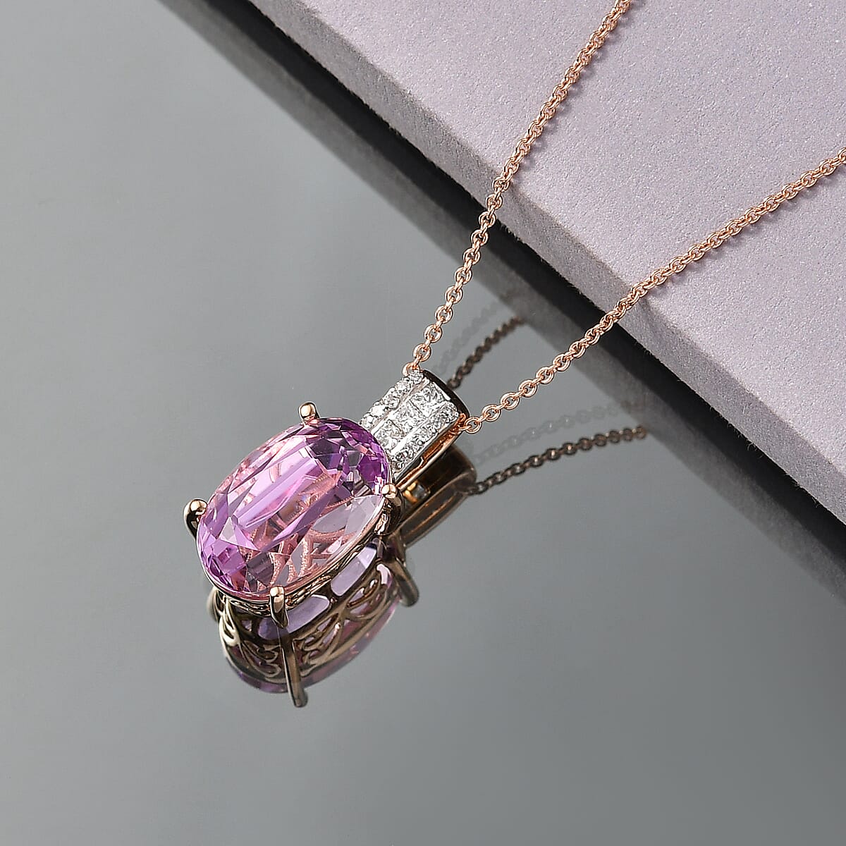 Patroke Kunzite and Luxuriant Lab Grown Diamond G-H SI 11.85 ctw Pendant Necklace in 10K Rose Gold 4.50 Grams 20 Inches   image number 1
