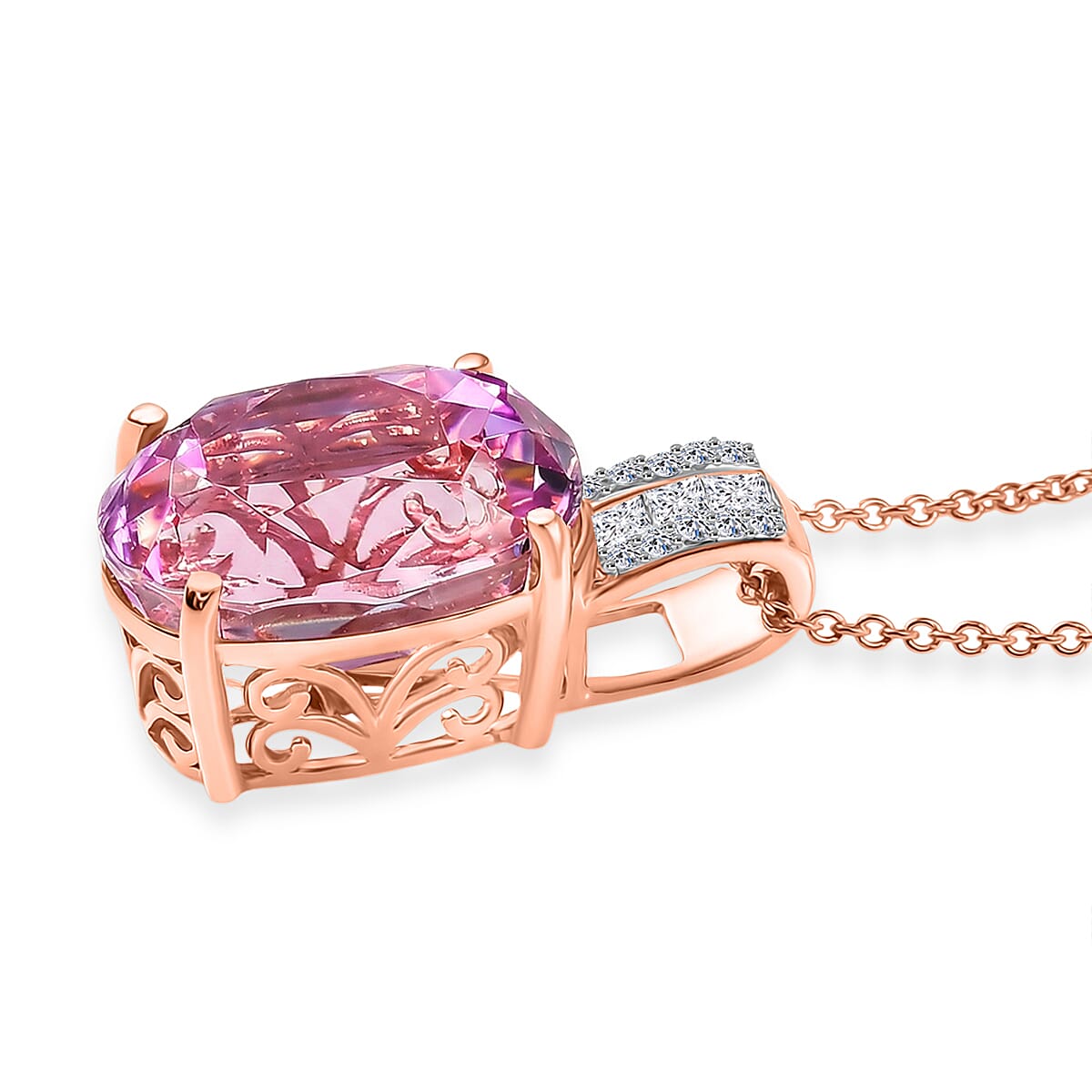 Patroke Kunzite and Luxuriant Lab Grown Diamond G-H SI 11.85 ctw Pendant Necklace in 10K Rose Gold 4.50 Grams 20 Inches   image number 3