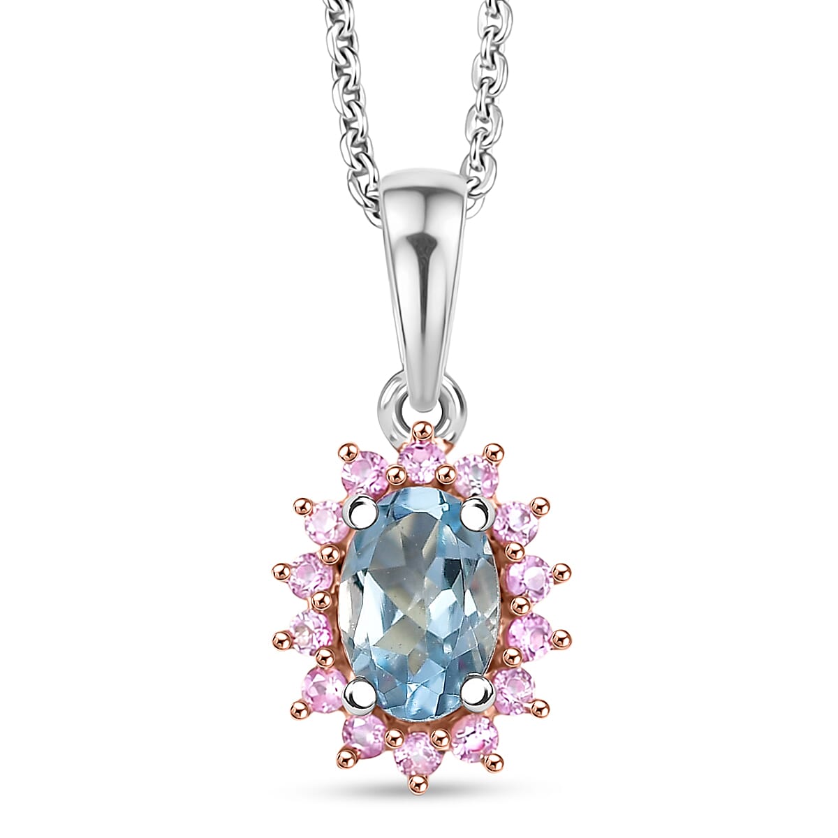 D'Joy Santa Maria Aquamarine and Madagascar Pink Sapphire 0.60 ctw Ocean Blossom Pendant Necklace in Rhodium Over Sterling Silver 20 Inches