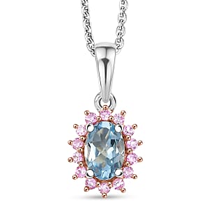 D'Joy Santa Maria Aquamarine and Madagascar Pink Sapphire 0.60 ctw Pendant Necklace in Rhodium Over Sterling Silver 20 Inches