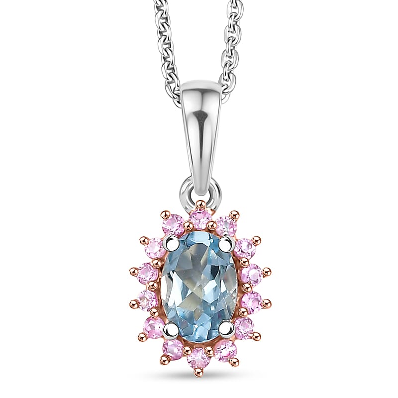 D'Joy Santa Maria Aquamarine and Madagascar Pink Sapphire 0.60 ctw Ocean Blossom Pendant Necklace in Rhodium Over Sterling Silver 20 Inches