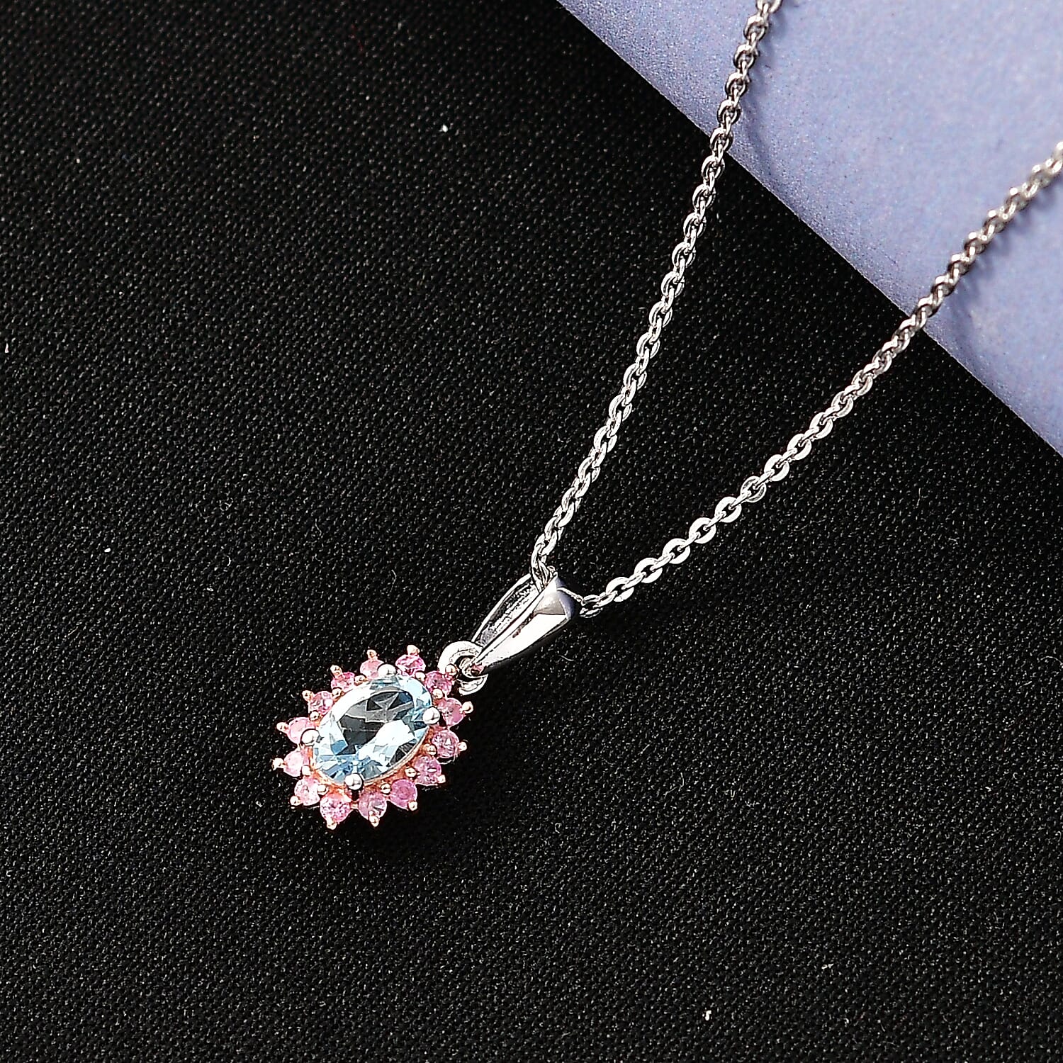 D'Joy Santa Maria Aquamarine and Madagascar Pink Sapphire 0.60 ctw Ocean Blossom Pendant Necklace in Rhodium Over Sterling Silver 20 Inches