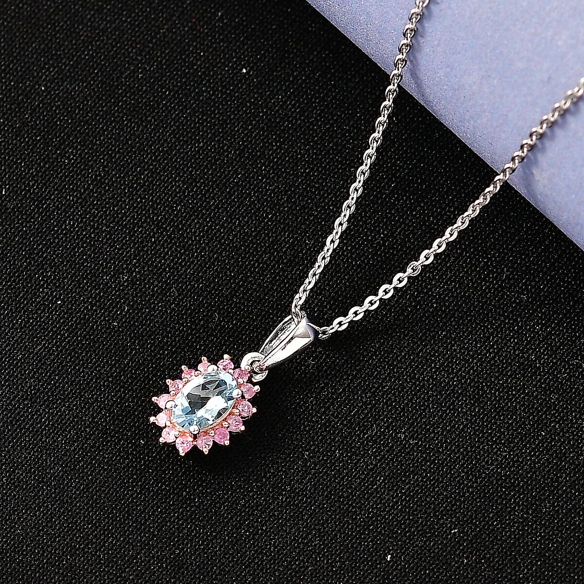 D'Joy Santa Maria Aquamarine and Madagascar Pink Sapphire 0.60 ctw Pendant Necklace in Rhodium Over Sterling Silver 20 Inches image number 1