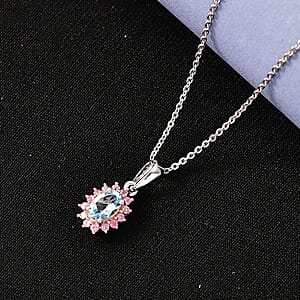 D'Joy Santa Maria Aquamarine and Madagascar Pink Sapphire 0.60 ctw Pendant Necklace in Rhodium Over Sterling Silver 20 Inches