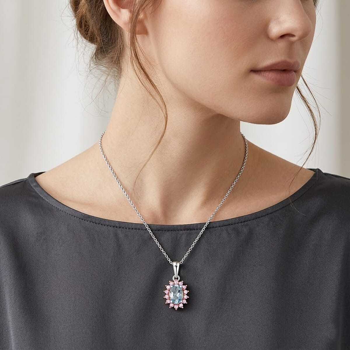 D'Joy Santa Maria Aquamarine and Madagascar Pink Sapphire 0.60 ctw Pendant Necklace in Rhodium Over Sterling Silver 20 Inches image number 2