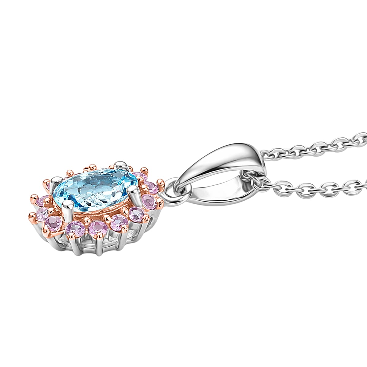 D'Joy Santa Maria Aquamarine and Madagascar Pink Sapphire 0.60 ctw Pendant Necklace in Rhodium Over Sterling Silver 20 Inches image number 3