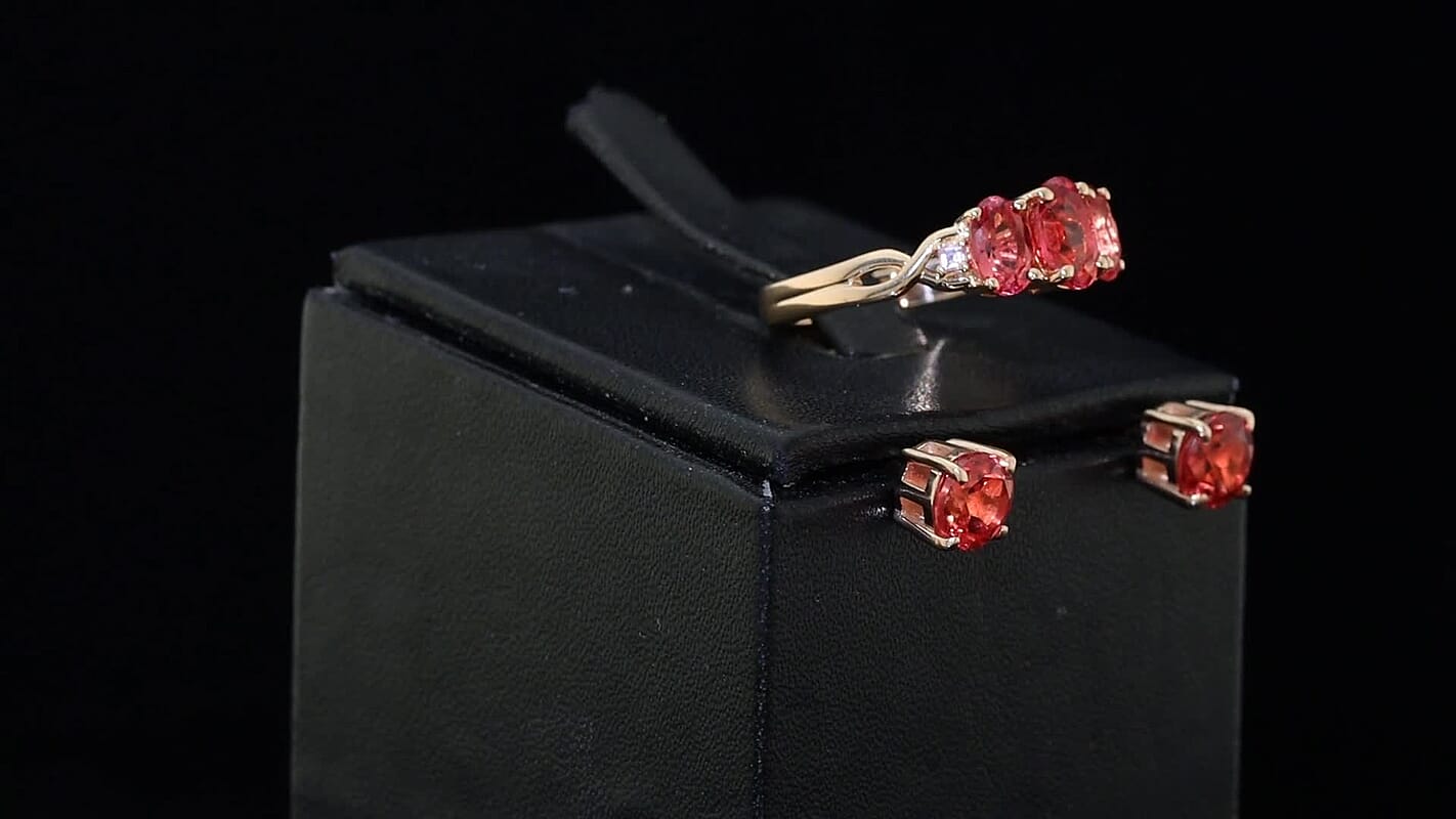 EverTrue Lab Created Padparadscha Sapphire, Created Pink Sapphire Earrings and Ring (Size 5.00) in 18K RG Plated 4.90 ctw