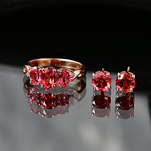EverTrue Lab Created Padparadscha and Pink Sapphire 4.95 ctw Stud Earrings and Infinity Ring (Size 5.00) in 18K RG Plated
