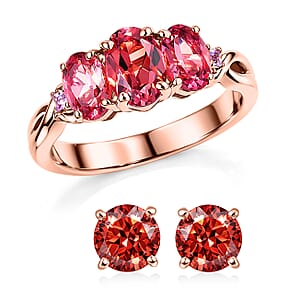 EverTrue Lab Created Padparadscha and Pink Sapphire 4.90 ctw Stud Earrings and Infinity Ring (Size 7.00) in 18K RG Plated