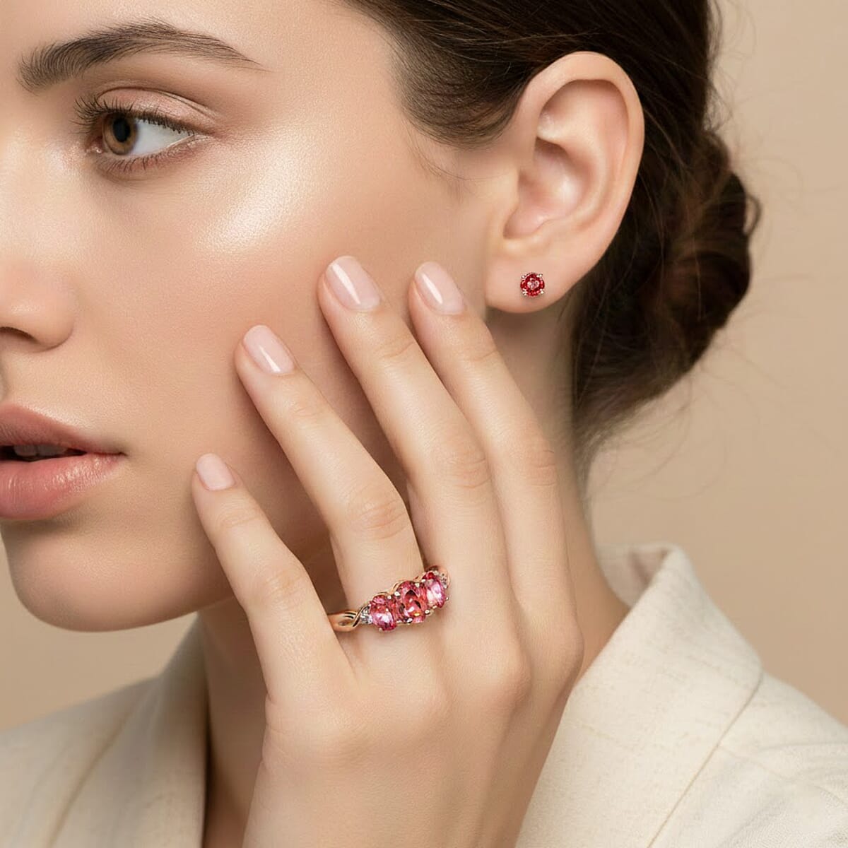 EverTrue Lab Created Padparadscha and Pink Sapphire 4.90 ctw Stud Earrings and Infinity Ring (Size 7.00) in 18K RG Plated image number 2