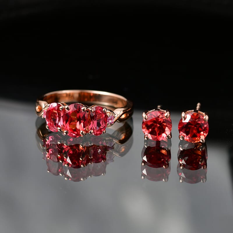 EverTrue Lab Created Padparadscha and Pink Sapphire 4.90 ctw Stud Earrings and Infinity Ring (Size 9.00) in 18K RG Plated