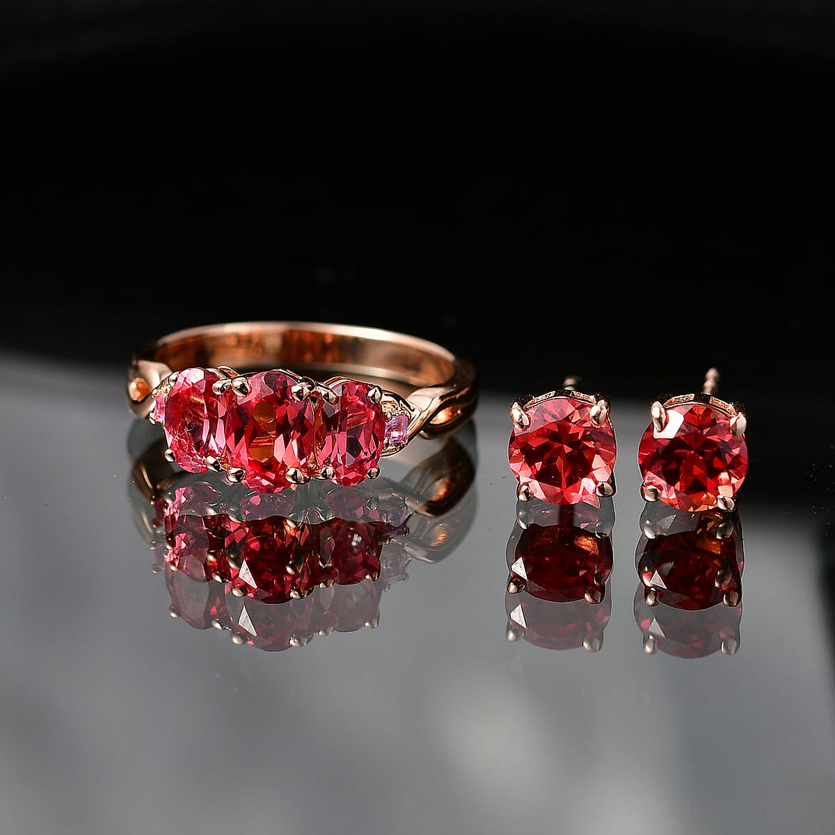 EverTrue Lab Created Padparadscha and Pink Sapphire 4.90 ctw Stud Earrings and Infinity Ring (Size 10.00) in 18K RG Plated image number 1