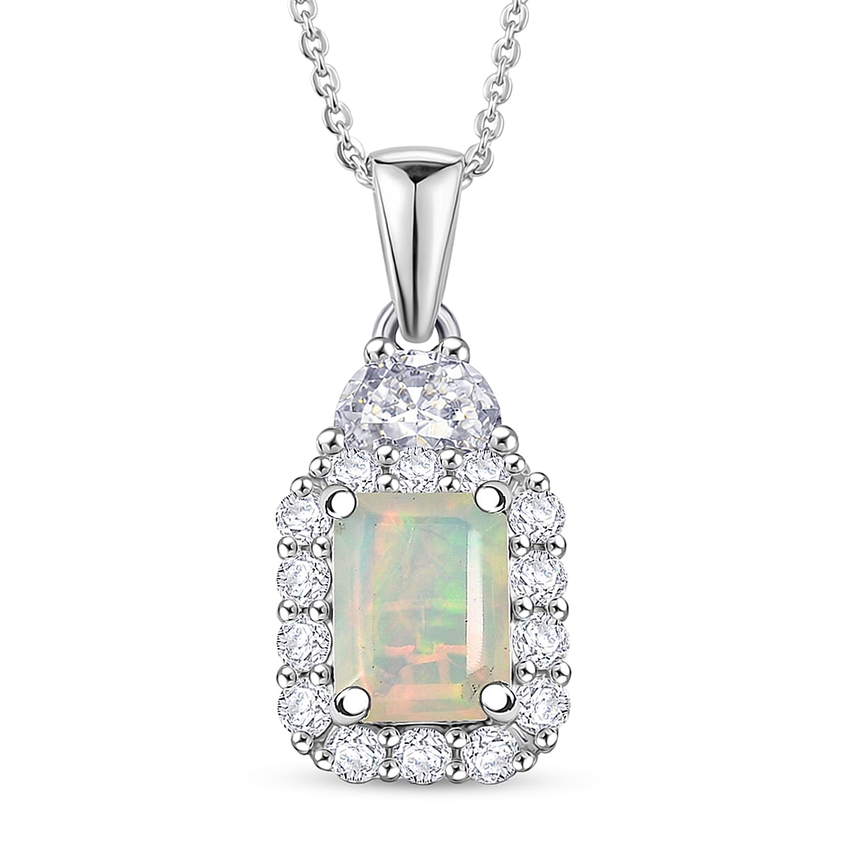 D'Joy Ethiopian Welo Opal and Moissanite 1.85 ctw Pendant Necklace in Rhodium Over Sterling Silver 20 Inches