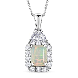 D'Joy Ethiopian Welo Opal and Moissanite 1.85 ctw Pendant Necklace in Rhodium Over Sterling Silver 20 Inches