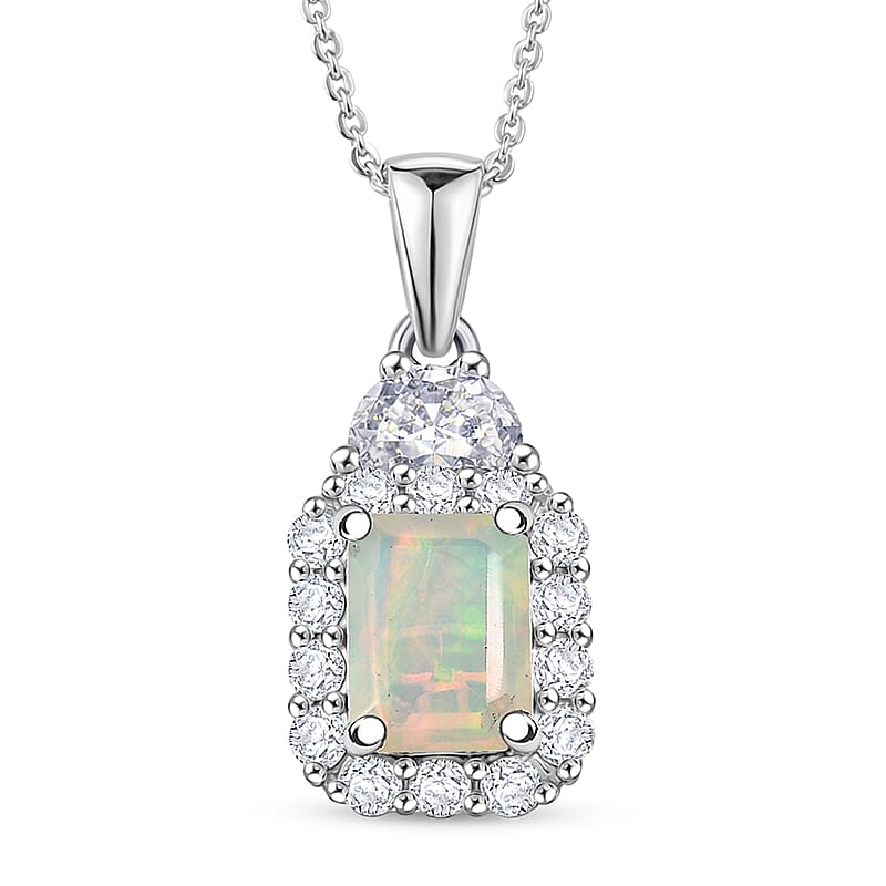 D'Joy Ethiopian Welo Opal and Moissanite 1.85 ctw Pendant Necklace in Rhodium Over Sterling Silver 20 Inches