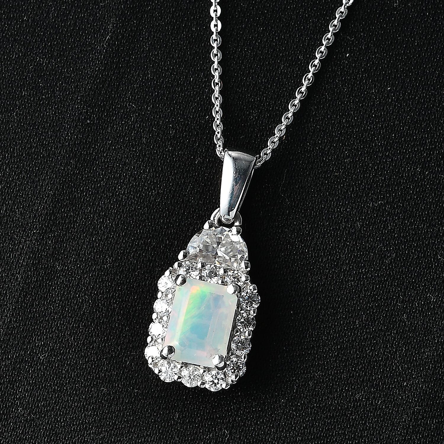 D'Joy Ethiopian Welo Opal and Moissanite 1.85 ctw Pendant Necklace in Rhodium Over Sterling Silver 20 Inches