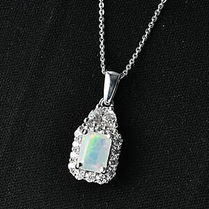 D'Joy Ethiopian Welo Opal and Moissanite 1.85 ctw Pendant Necklace in Rhodium Over Sterling Silver 20 Inches