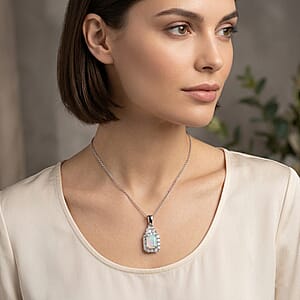 D'Joy Ethiopian Welo Opal and Moissanite 1.85 ctw Pendant Necklace in Rhodium Over Sterling Silver 20 Inches
