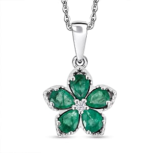 Premium Kagem Zambian Emerald and Luxuriant Lab Grown Diamond G-H SI 0.75 ctw Floral Sparkle Pendant Necklace in Rhodium Over Sterling Silver 20 Inches