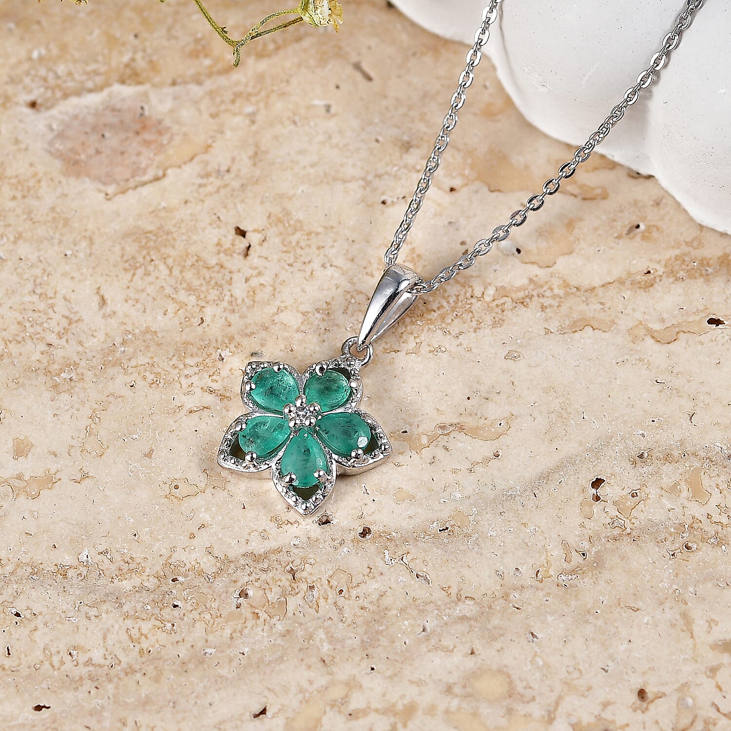 Premium Kagem Zambian Emerald and Luxuriant Lab Grown Diamond G-H SI 0.75 ctw Floral Sparkle Pendant Necklace in Rhodium Over Sterling Silver 20 Inches