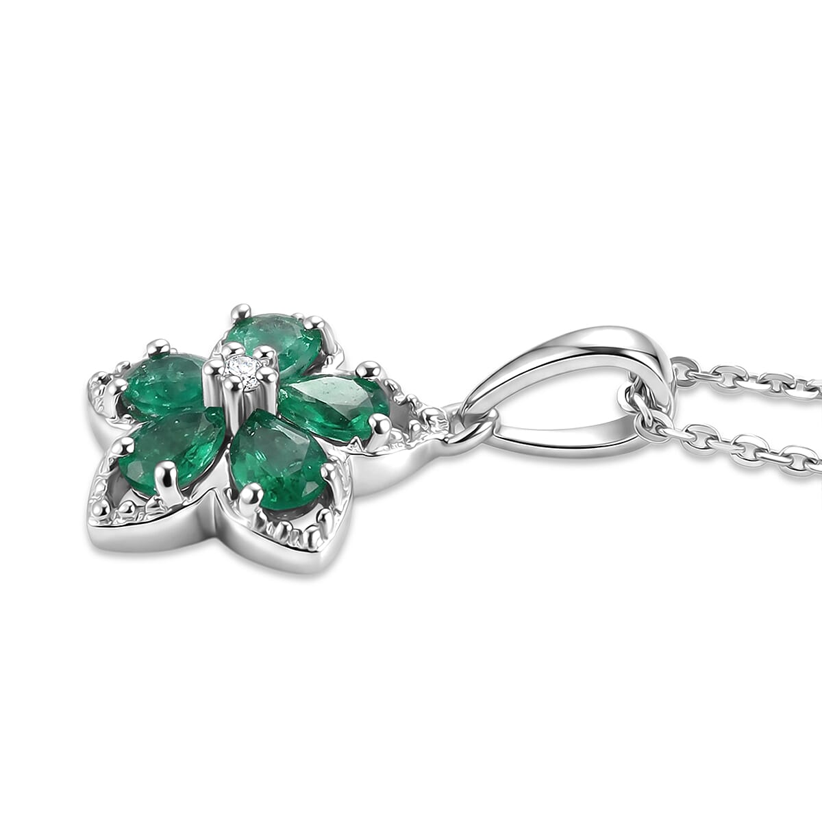 Premium Kagem Zambian Emerald and Luxuriant Lab Grown Diamond G-H SI 0.75 ctw Floral Sparkle Pendant Necklace in Rhodium Over Sterling Silver 20 Inches image number 3