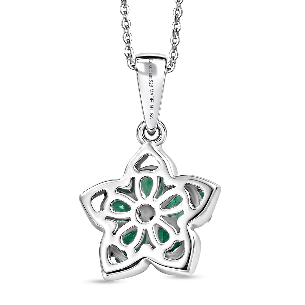 Premium Kagem Zambian Emerald and Luxuriant Lab Grown Diamond G-H SI 0.75 ctw Floral Sparkle Pendant Necklace in Rhodium Over Sterling Silver 20 Inches image number 4