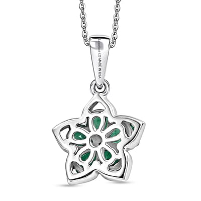 Premium Kagem Zambian Emerald and Luxuriant Lab Grown Diamond G-H SI 0.75 ctw Floral Sparkle Pendant Necklace in Rhodium Over Sterling Silver 20 Inches