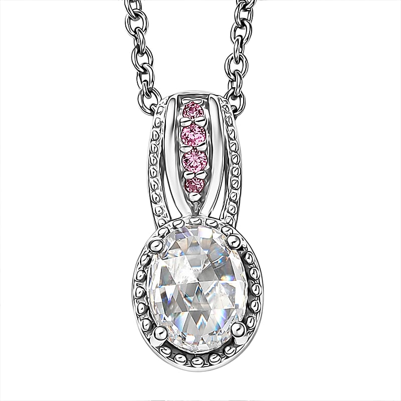 EverTrue Simulated White and Pink Diamond 2.20 ctw Pendant in Platinum Bond with Stainless Steel Necklace 20 Inches