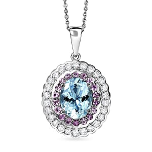 D'Joy Premium Mangoro Aquamarin and Multi Gemstone 3.25 ctw Pendant Necklace in Rhodium Over Sterling Silver (20 Inches) (Del. in 10-15 Days)