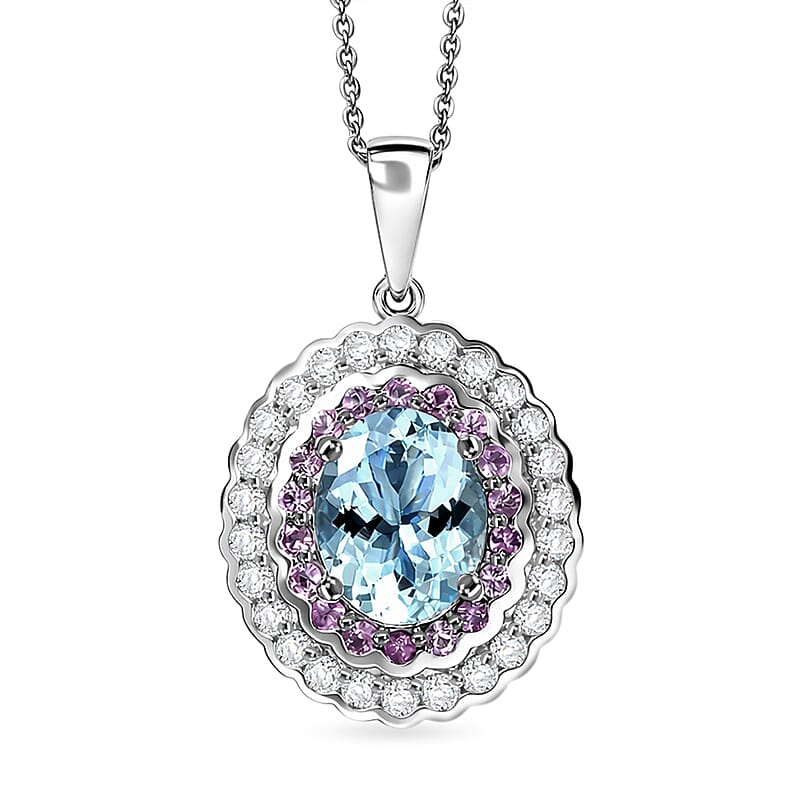 Certified and Appraised D'Joy Premium Mangoro Aquamarine and Multi Gemstone 3.25 ctw Pendant Necklace in Rhodium Over Sterling Silver (20 Inches)