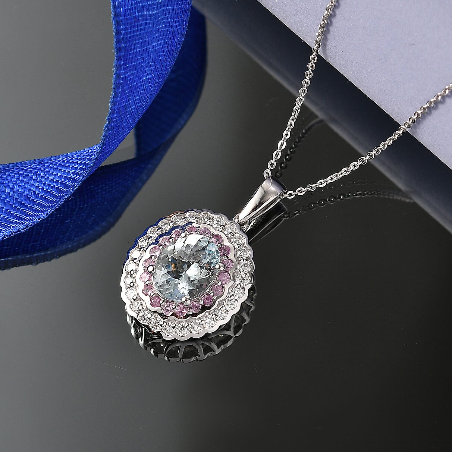 D'Joy Premium Mangoro Aquamarin and Multi Gemstone 3.25 ctw Pendant Necklace in Rhodium Over Sterling Silver (20 Inches)