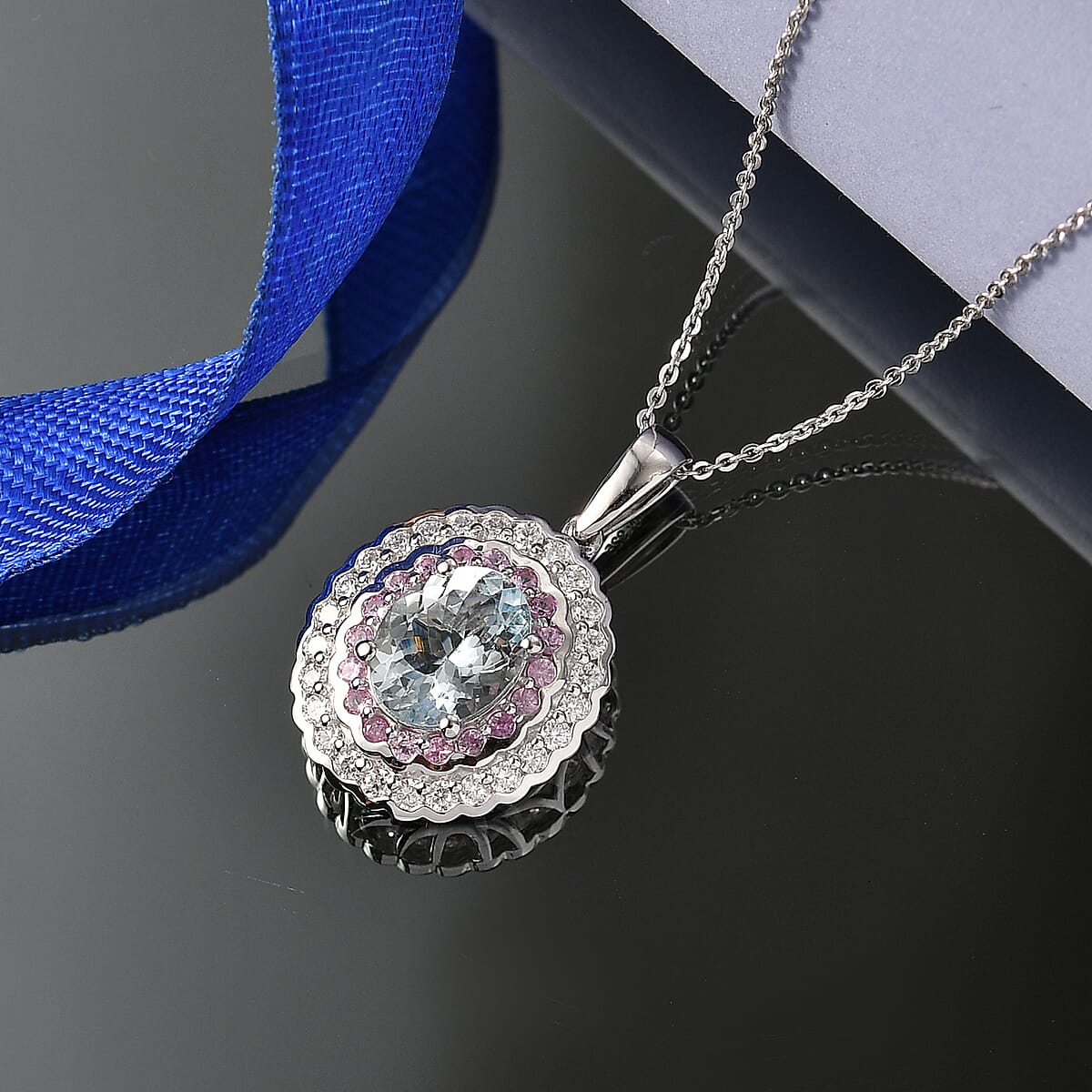 D'Joy Premium Mangoro Aquamarin and Multi Gemstone 3.25 ctw Pendant Necklace in Rhodium Over Sterling Silver (20 Inches) (Del. in 10-15 Days) image number 1