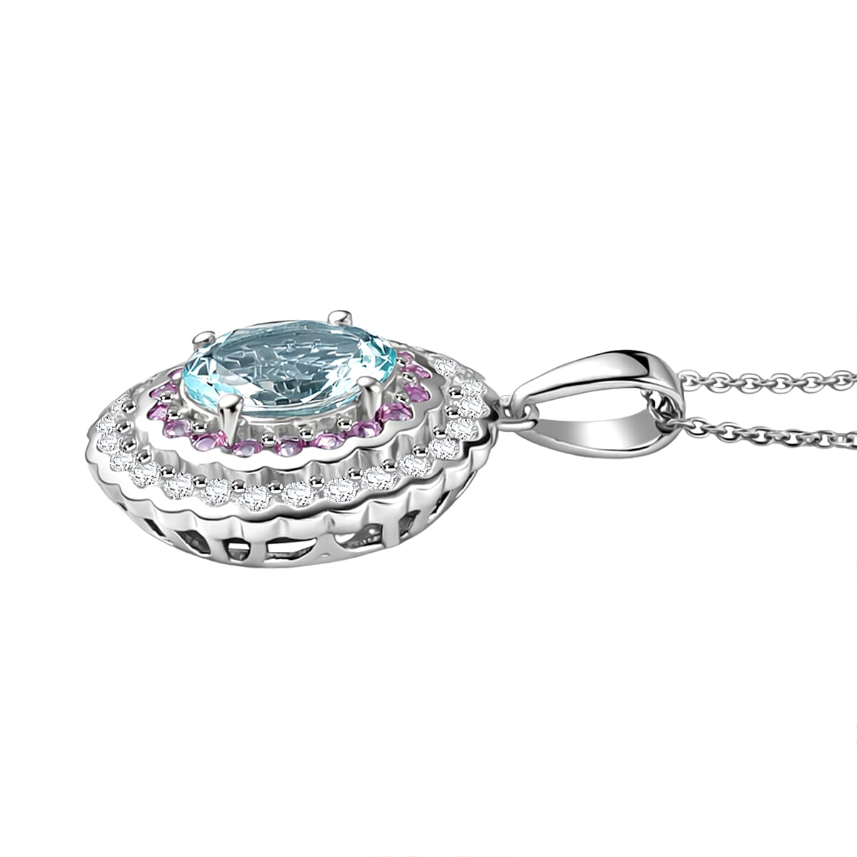 D'Joy Premium Mangoro Aquamarin and Multi Gemstone 3.25 ctw Pendant Necklace in Rhodium Over Sterling Silver (20 Inches) (Del. in 10-15 Days) image number 3