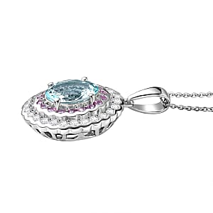 D'Joy Premium Mangoro Aquamarin and Multi Gemstone 3.25 ctw Pendant Necklace in Rhodium Over Sterling Silver (20 Inches) (Del. in 10-15 Days)