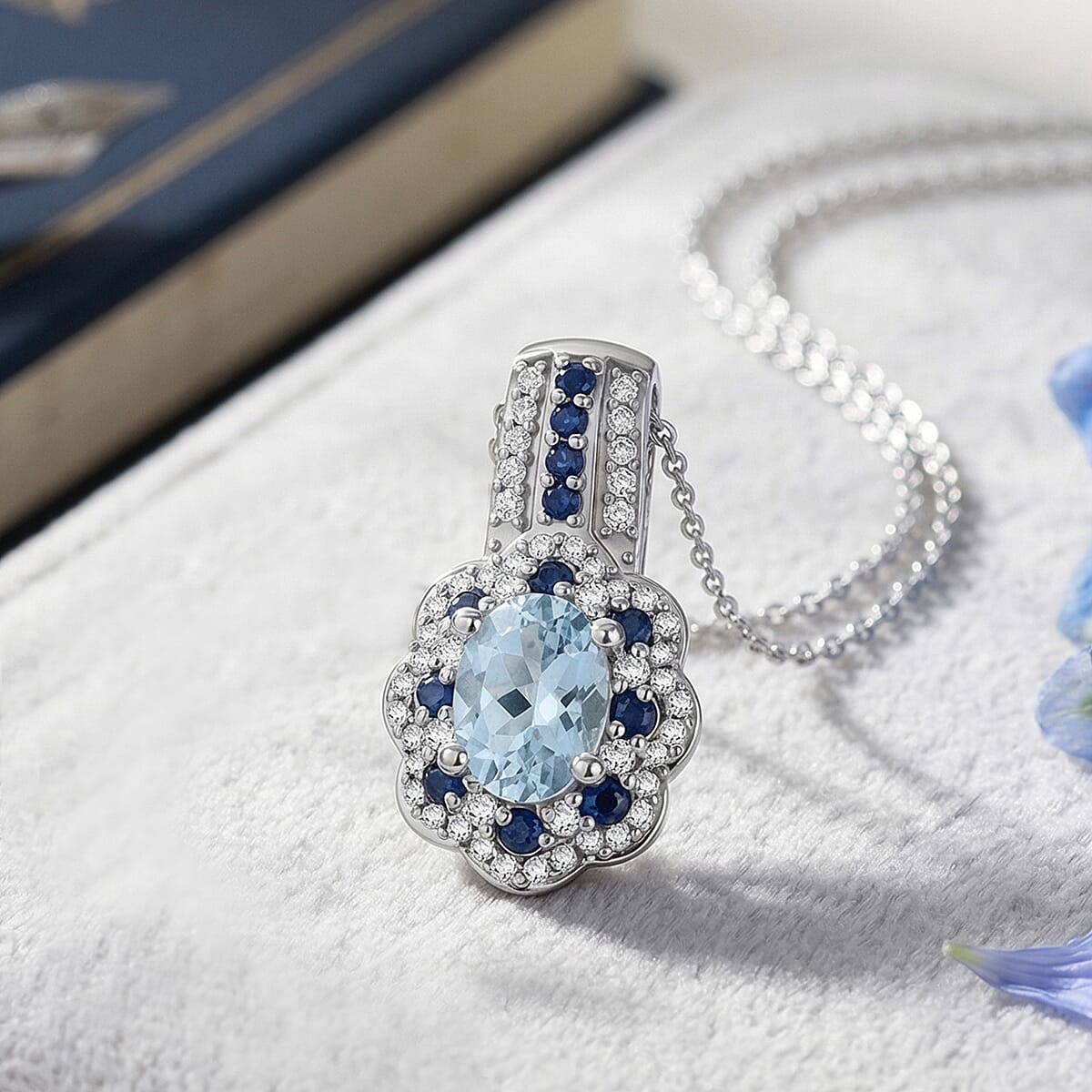 D'Joy Santa Maria Aquamarine and Multi Gemstone 1.25 ctw Pendant Necklace in Rhodium Over Sterling Silver 20 Inches  image number 1